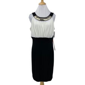 AA Studio Pencil Dress Womens 12 Black Silver Cleopatra Egyptian Collar Back Zip